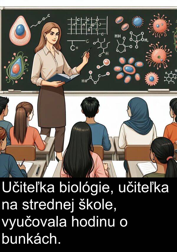 hodinu: Učiteľka biológie, učiteľka na strednej škole, vyučovala hodinu o bunkách.