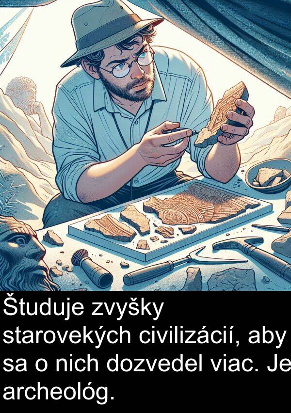 nich: Študuje zvyšky starovekých civilizácií, aby sa o nich dozvedel viac. Je archeológ.