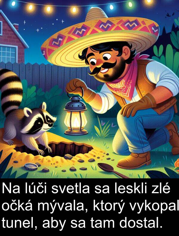 svetla: Na lúči svetla sa leskli zlé očká mývala, ktorý vykopal tunel, aby sa tam dostal.