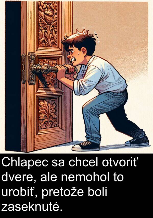 chcel: Chlapec sa chcel otvoriť dvere, ale nemohol to urobiť, pretože boli zaseknuté.