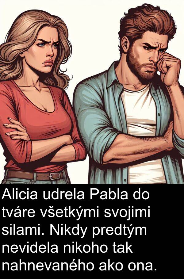 nahnevaného: Alicia udrela Pabla do tváre všetkými svojimi silami. Nikdy predtým nevidela nikoho tak nahnevaného ako ona.