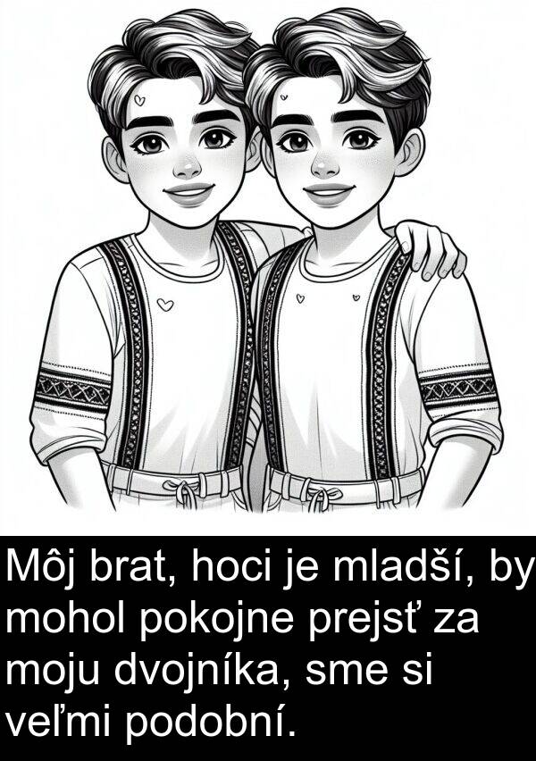 prejsť: Môj brat, hoci je mladší, by mohol pokojne prejsť za moju dvojníka, sme si veľmi podobní.