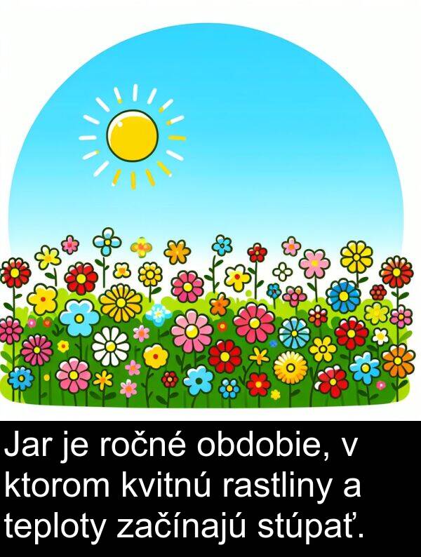 obdobie: Jar je ročné obdobie, v ktorom kvitnú rastliny a teploty začínajú stúpať.