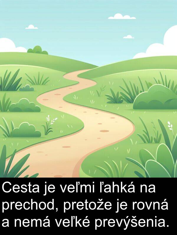 ľahká: Cesta je veľmi ľahká na prechod, pretože je rovná a nemá veľké prevýšenia.