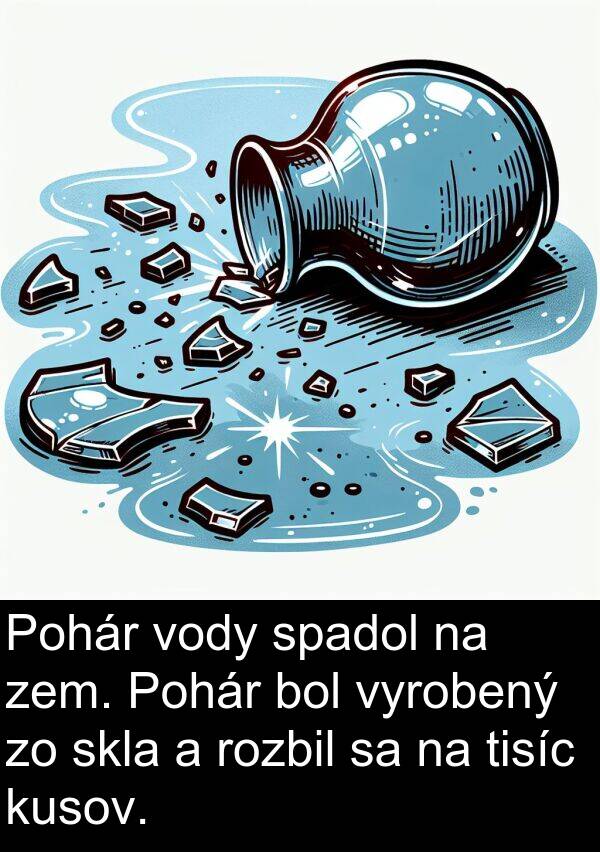 vody: Pohár vody spadol na zem. Pohár bol vyrobený zo skla a rozbil sa na tisíc kusov.