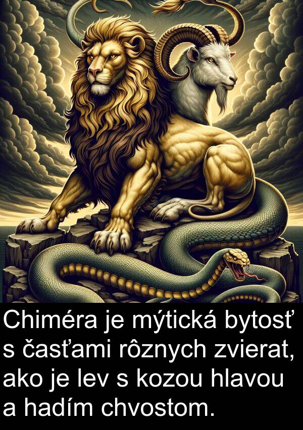 hadím: Chiméra je mýtická bytosť s časťami rôznych zvierat, ako je lev s kozou hlavou a hadím chvostom.