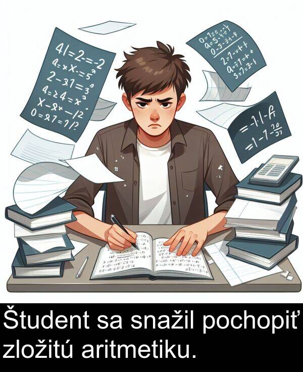 snažil: Študent sa snažil pochopiť zložitú aritmetiku.