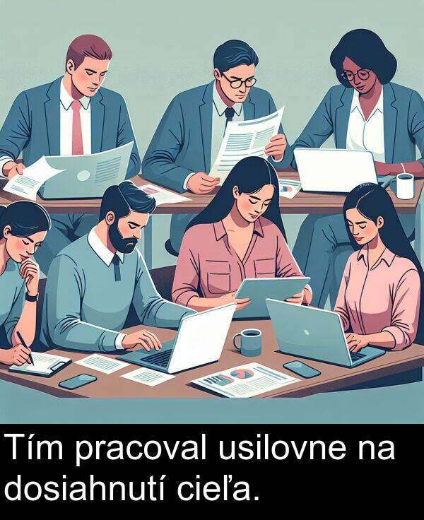 usilovne: Tím pracoval usilovne na dosiahnutí cieľa.
