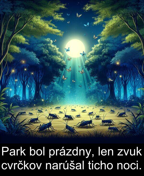 noci: Park bol prázdny, len zvuk cvrčkov narúšal ticho noci.