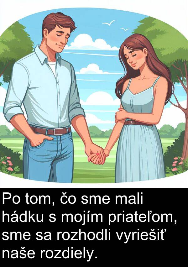 vyriešiť: Po tom, čo sme mali hádku s mojím priateľom, sme sa rozhodli vyriešiť naše rozdiely.