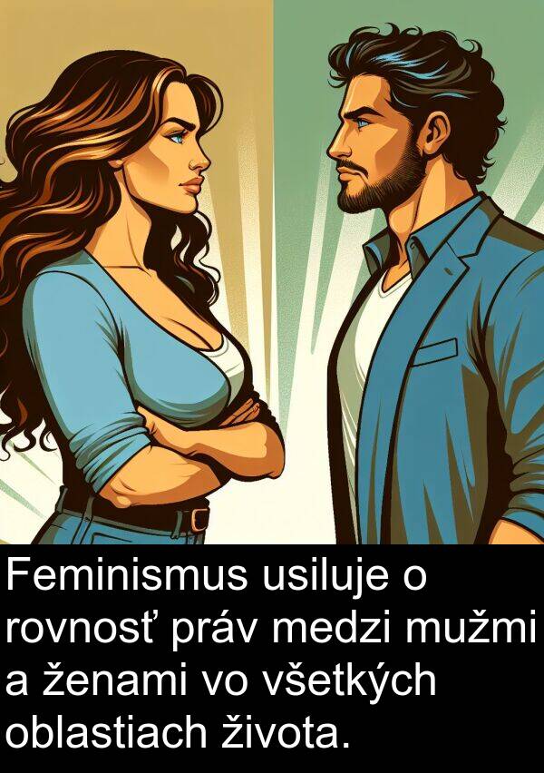 mužmi: Feminismus usiluje o rovnosť práv medzi mužmi a ženami vo všetkých oblastiach života.