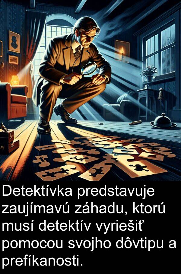 vyriešiť: Detektívka predstavuje zaujímavú záhadu, ktorú musí detektív vyriešiť pomocou svojho dôvtipu a prefíkanosti.