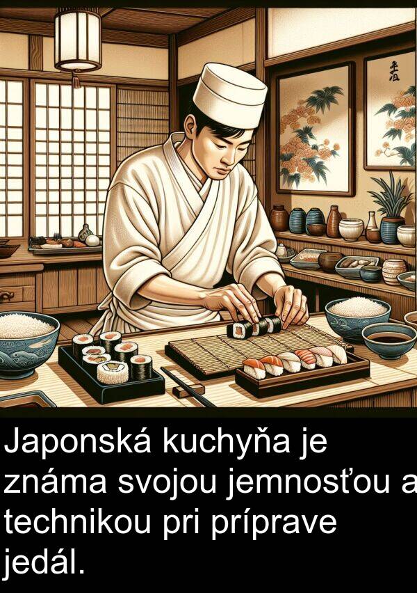 kuchyňa: Japonská kuchyňa je známa svojou jemnosťou a technikou pri príprave jedál.