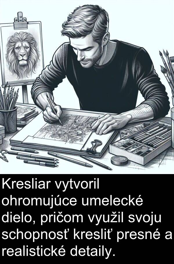 využil: Kresliar vytvoril ohromujúce umelecké dielo, pričom využil svoju schopnosť kresliť presné a realistické detaily.