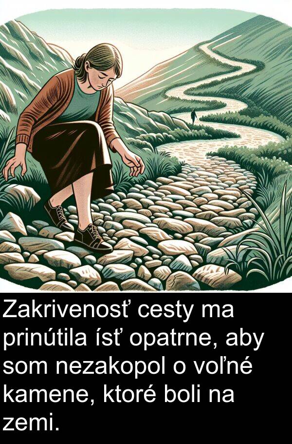 kamene: Zakrivenosť cesty ma prinútila ísť opatrne, aby som nezakopol o voľné kamene, ktoré boli na zemi.