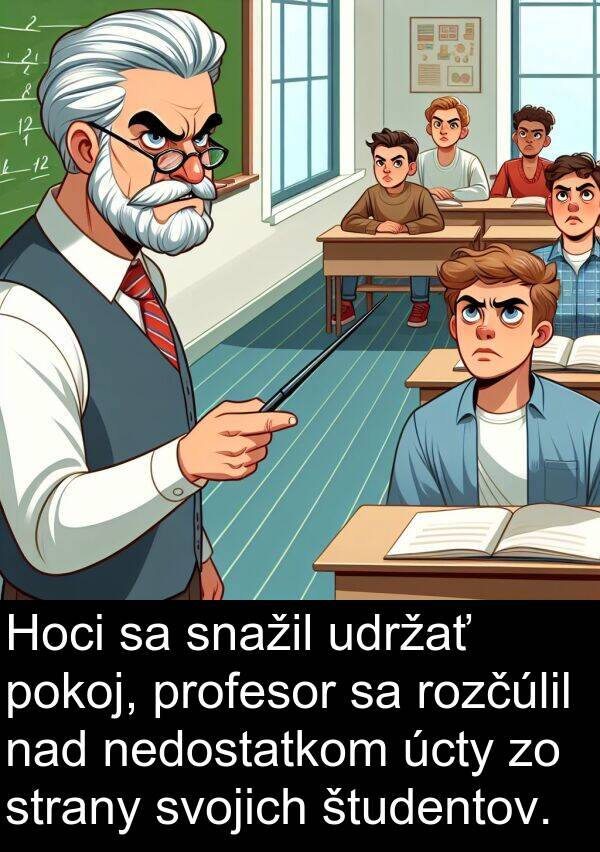 nad: Hoci sa snažil udržať pokoj, profesor sa rozčúlil nad nedostatkom úcty zo strany svojich študentov.