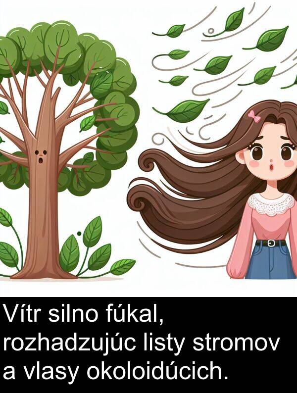 vlasy: Vítr silno fúkal, rozhadzujúc listy stromov a vlasy okoloidúcich.