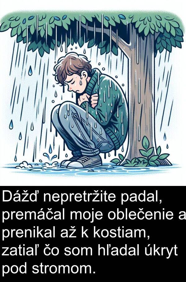 hľadal: Dážď nepretržite padal, premáčal moje oblečenie a prenikal až k kostiam, zatiaľ čo som hľadal úkryt pod stromom.