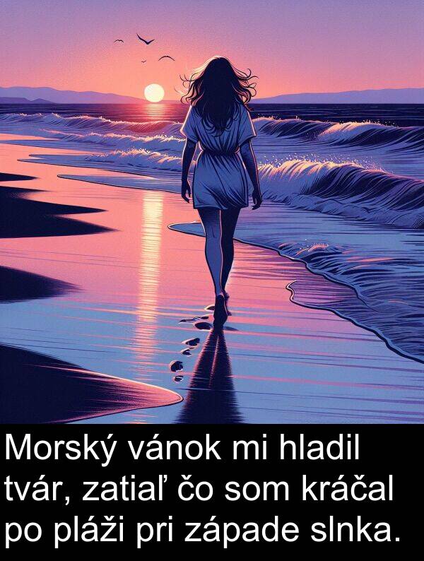 vánok: Morský vánok mi hladil tvár, zatiaľ čo som kráčal po pláži pri západe slnka.