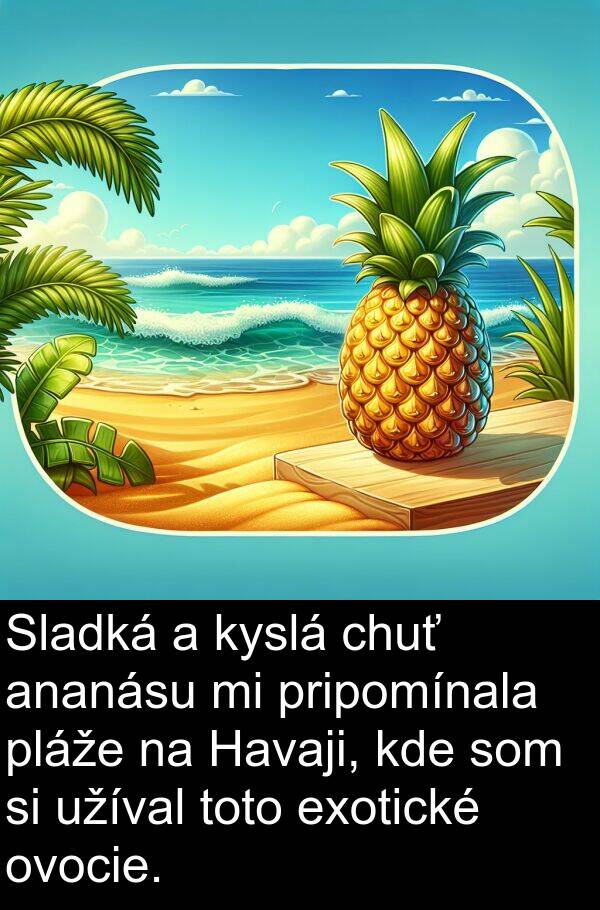chuť: Sladká a kyslá chuť ananásu mi pripomínala pláže na Havaji, kde som si užíval toto exotické ovocie.