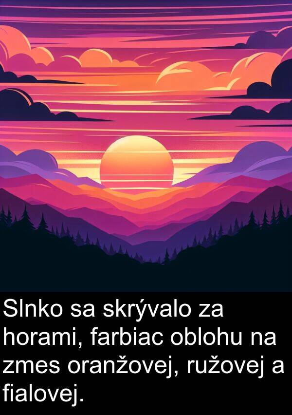 farbiac: Slnko sa skrývalo za horami, farbiac oblohu na zmes oranžovej, ružovej a fialovej.