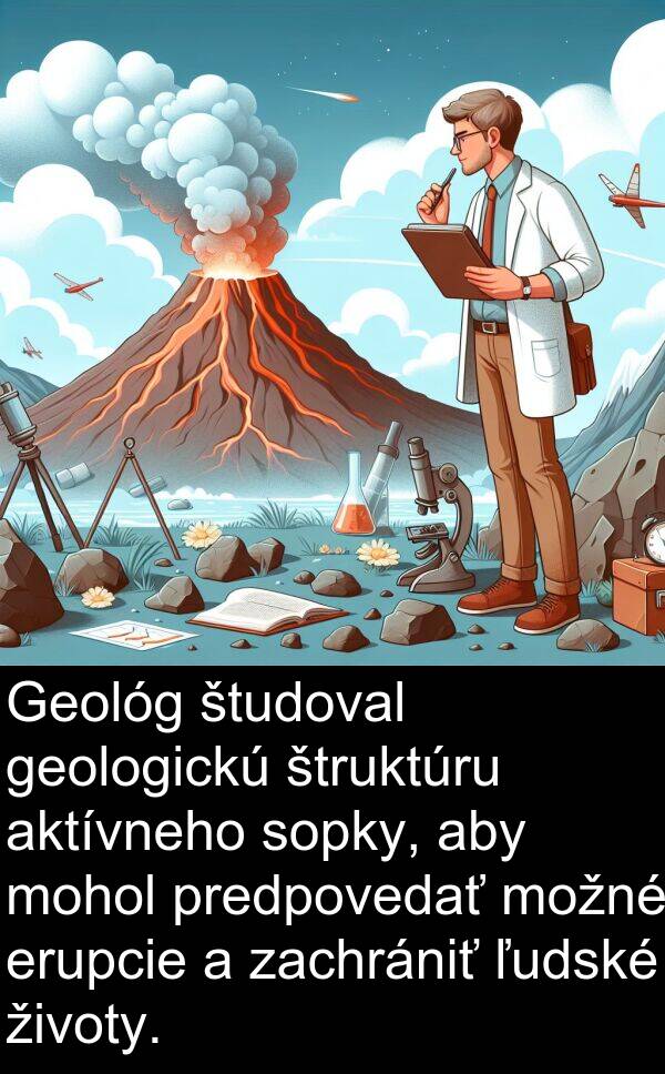 aktívneho: Geológ študoval geologickú štruktúru aktívneho sopky, aby mohol predpovedať možné erupcie a zachrániť ľudské životy.