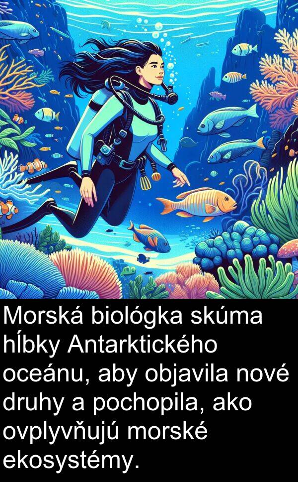 ovplyvňujú: Morská biológka skúma hĺbky Antarktického oceánu, aby objavila nové druhy a pochopila, ako ovplyvňujú morské ekosystémy.