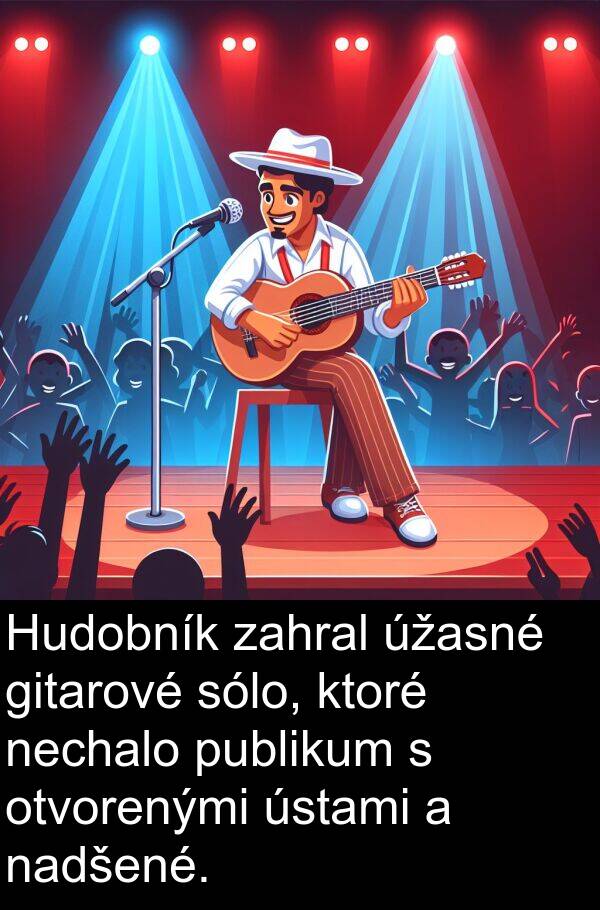 gitarové: Hudobník zahral úžasné gitarové sólo, ktoré nechalo publikum s otvorenými ústami a nadšené.