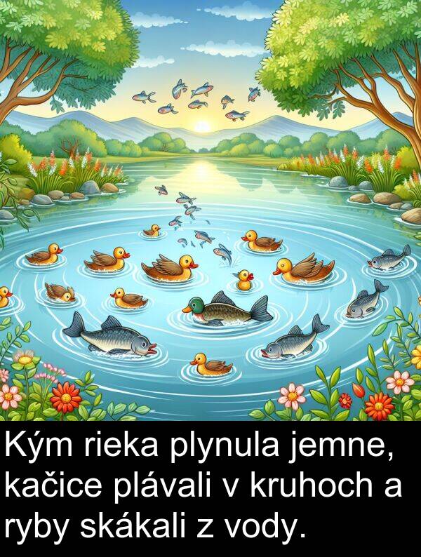 vody: Kým rieka plynula jemne, kačice plávali v kruhoch a ryby skákali z vody.