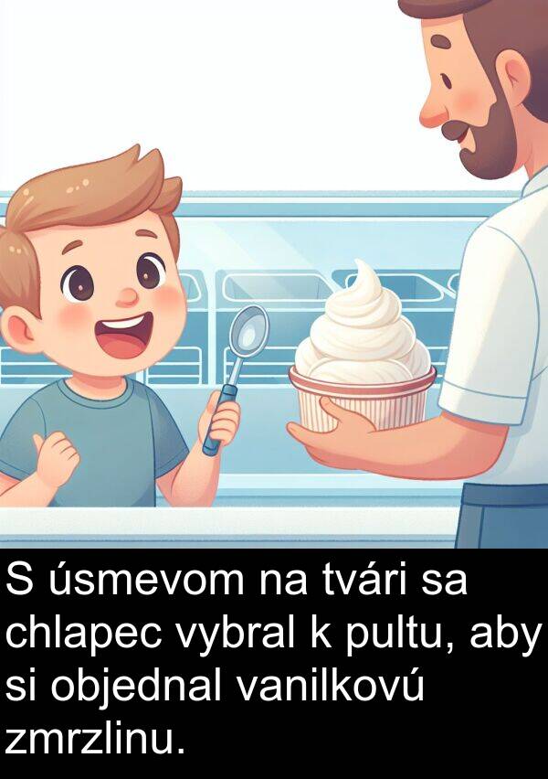 vanilkovú: S úsmevom na tvári sa chlapec vybral k pultu, aby si objednal vanilkovú zmrzlinu.