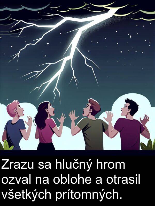 oblohe: Zrazu sa hlučný hrom ozval na oblohe a otrasil všetkých prítomných.