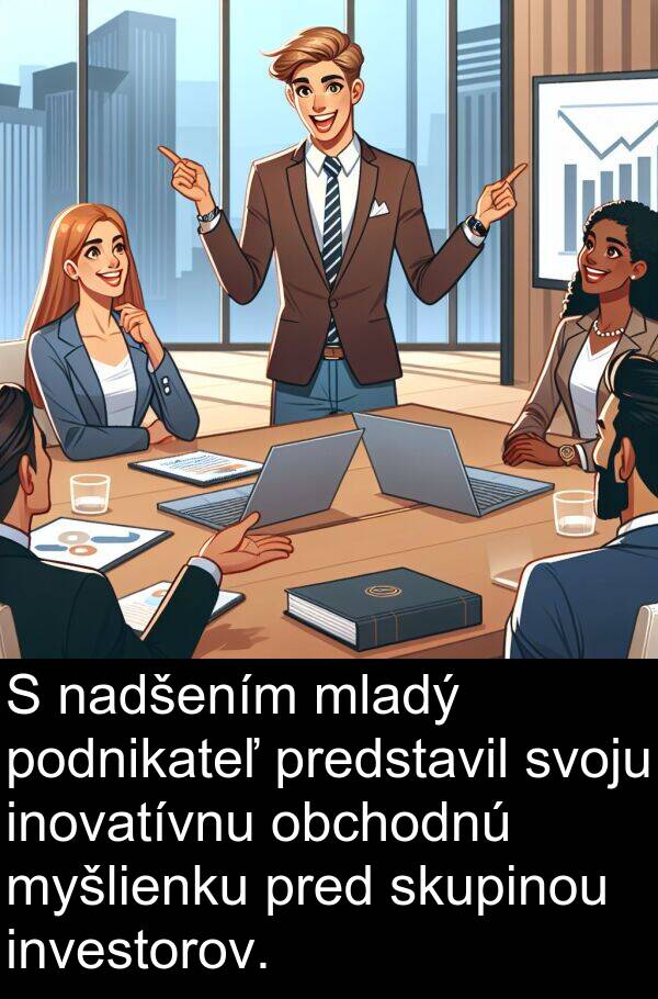 myšlienku: S nadšením mladý podnikateľ predstavil svoju inovatívnu obchodnú myšlienku pred skupinou investorov.