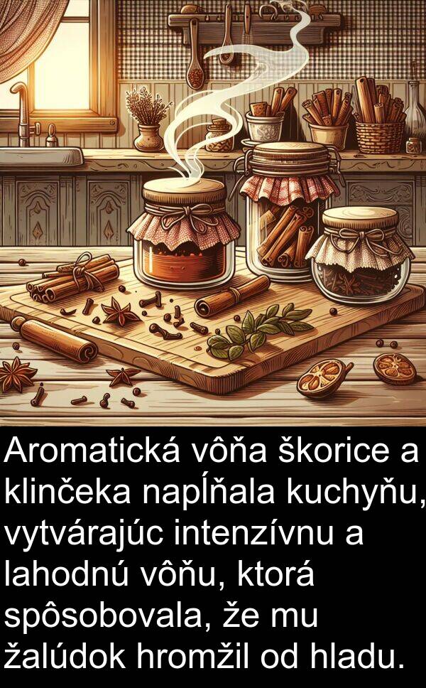 vytvárajúc: Aromatická vôňa škorice a klinčeka napĺňala kuchyňu, vytvárajúc intenzívnu a lahodnú vôňu, ktorá spôsobovala, že mu žalúdok hromžil od hladu.