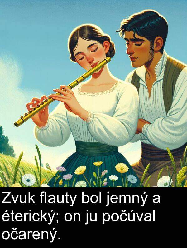 flauty: Zvuk flauty bol jemný a éterický; on ju počúval očarený.