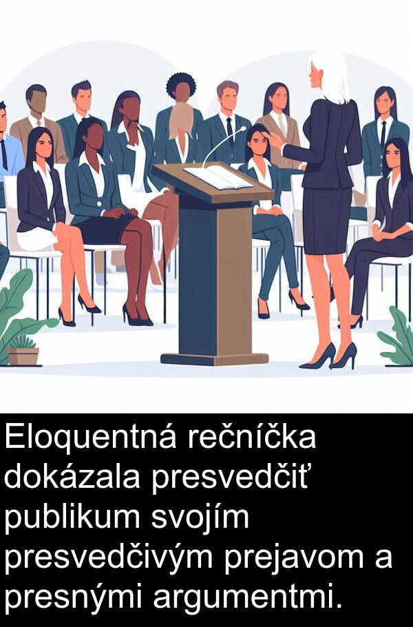 argumentmi: Eloquentná rečníčka dokázala presvedčiť publikum svojím presvedčivým prejavom a presnými argumentmi.