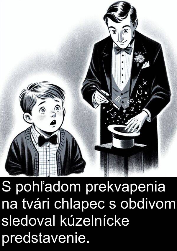obdivom: S pohľadom prekvapenia na tvári chlapec s obdivom sledoval kúzelnícke predstavenie.
