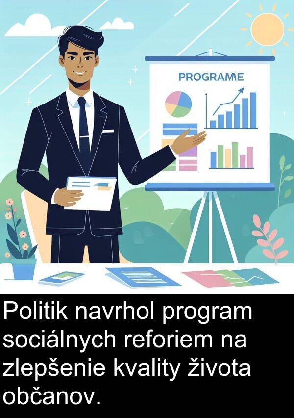 navrhol: Politik navrhol program sociálnych reforiem na zlepšenie kvality života občanov.