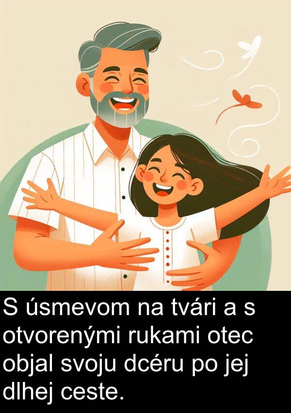 ceste: S úsmevom na tvári a s otvorenými rukami otec objal svoju dcéru po jej dlhej ceste.