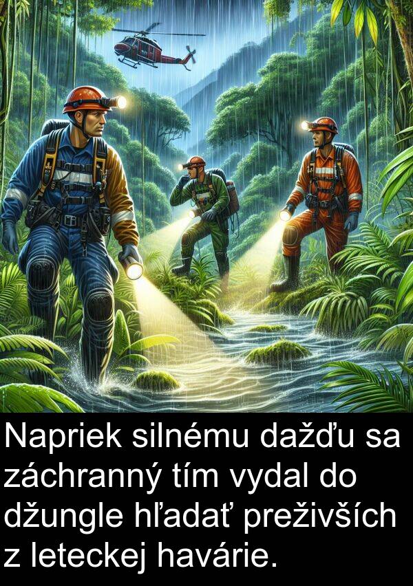 leteckej: Napriek silnému dažďu sa záchranný tím vydal do džungle hľadať preživších z leteckej havárie.