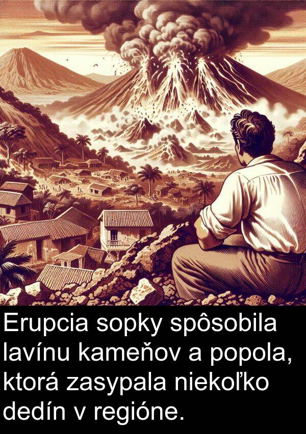 lavínu: Erupcia sopky spôsobila lavínu kameňov a popola, ktorá zasypala niekoľko dedín v regióne.