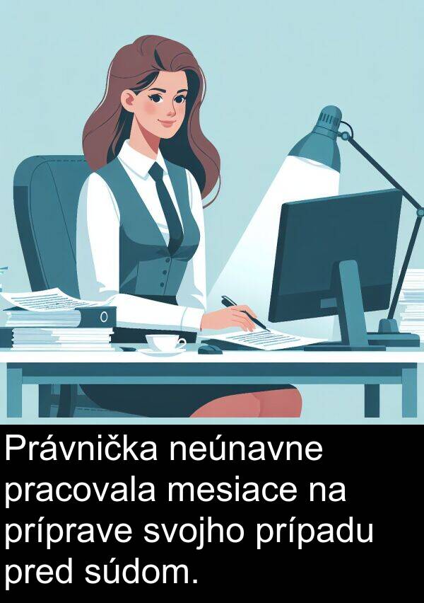 príprave: Právnička neúnavne pracovala mesiace na príprave svojho prípadu pred súdom.