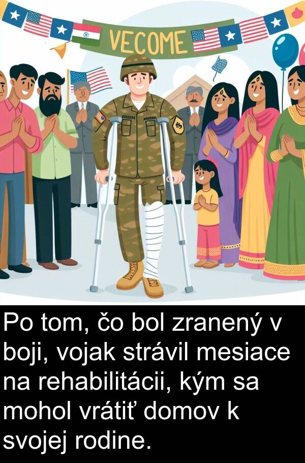 vojak: Po tom, čo bol zranený v boji, vojak strávil mesiace na rehabilitácii, kým sa mohol vrátiť domov k svojej rodine.