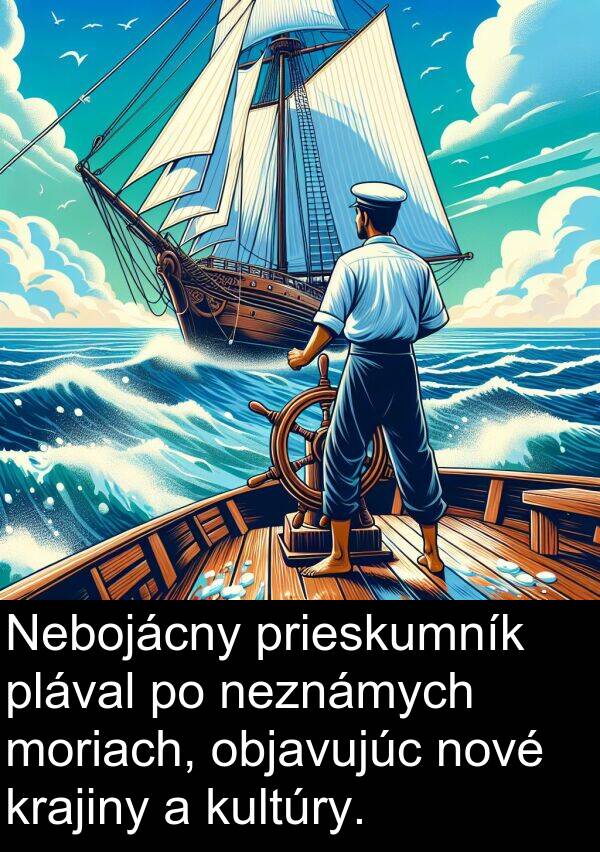 neznámych: Nebojácny prieskumník plával po neznámych moriach, objavujúc nové krajiny a kultúry.