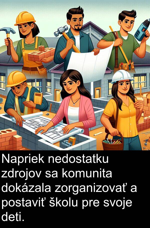 nedostatku: Napriek nedostatku zdrojov sa komunita dokázala zorganizovať a postaviť školu pre svoje deti.