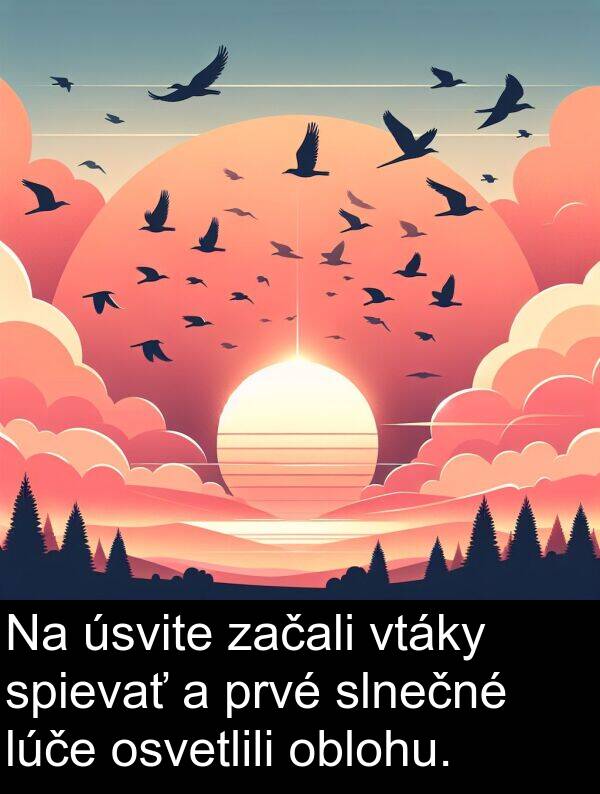 oblohu: Na úsvite začali vtáky spievať a prvé slnečné lúče osvetlili oblohu.