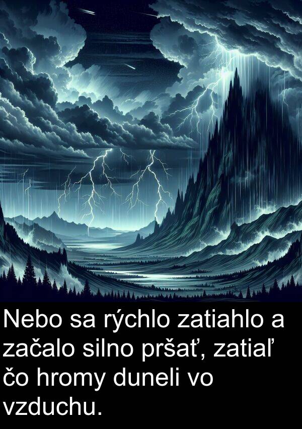 rýchlo: Nebo sa rýchlo zatiahlo a začalo silno pršať, zatiaľ čo hromy duneli vo vzduchu.