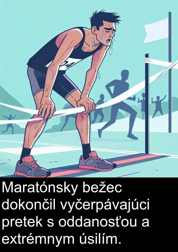 vyčerpávajúci: Maratónsky bežec dokončil vyčerpávajúci pretek s oddanosťou a extrémnym úsilím.