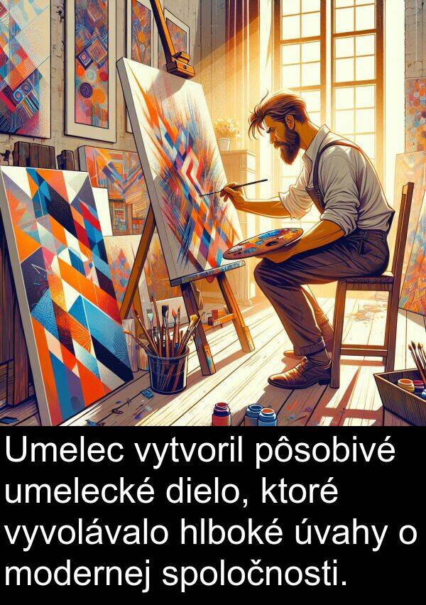 vytvoril: Umelec vytvoril pôsobivé umelecké dielo, ktoré vyvolávalo hlboké úvahy o modernej spoločnosti.