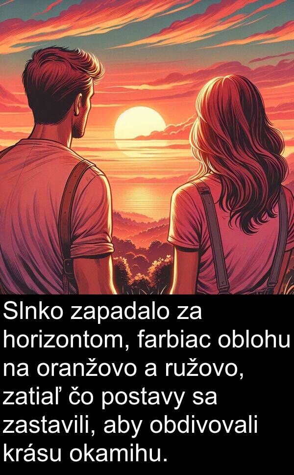 farbiac: Slnko zapadalo za horizontom, farbiac oblohu na oranžovo a ružovo, zatiaľ čo postavy sa zastavili, aby obdivovali krásu okamihu.