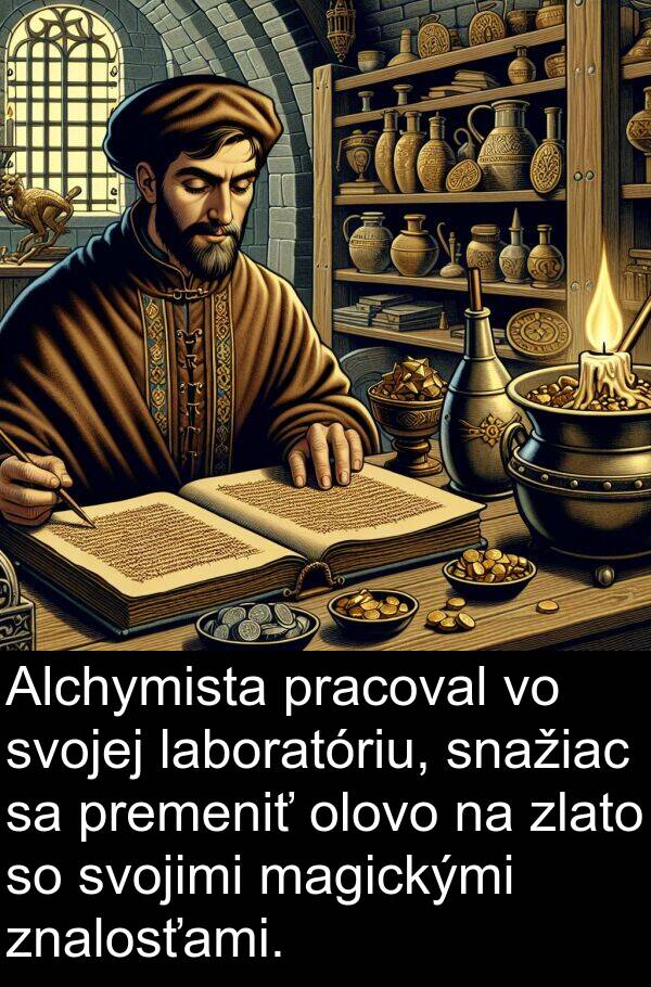 laboratóriu: Alchymista pracoval vo svojej laboratóriu, snažiac sa premeniť olovo na zlato so svojimi magickými znalosťami.